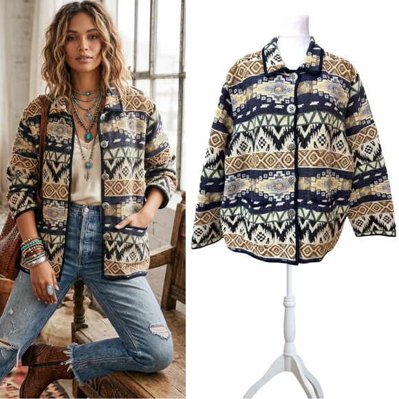 Jane Ashley Jackets & Blazers - VTG 90s Jane Ashley Woman Tapestry Jacket 2X Blue Aztec Southwest Boho Boxy Coat